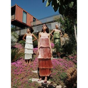 NWT My Beachy Side x Emily In Paris Angelica Fringed Tiered Maxi Dress Pink XS